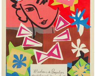 3376
After Henri Matisse
1869-1954
"Madame Pompadour Au Pavillon De Marsan," 1959
Lithograph in colors on paper
From an edition of 400
Signed by the printer in pencil lower right: Mourlot; Mourlot, Paris, prntr.; titled on a label affixed, verso
Image: 28.5" H x 21.75" W; Sheet: 31.5" H x 23.5" W
Estimate: $400 - $600