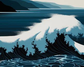 3255
Eyvind Earle
1916-2000
"A Sounding Of Surf," 1995
Screenprint in colors on paper
Edition: 5/150 (there were also 15 artist's proofs)
Signed and numbered in ink at the lower edge: Eyvind Earle
Sight: 23.75" H x 35.75" W
Estimate: $300 - $500