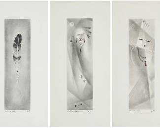 3324
Carlis M. Chee (B. 1971, Navajo/Diné)
Three works:

"Deer Tracks," 1996
Pencil and acrylic on paper
Signed and dated below the image: Carlis M. Chee ©; signed and dated again, and titled, in ink on the frame's backboard
Image: 14" H x 4" W; Sight: 19.5" H x 9.5" W

"Navajo Necklace," 1996
Pencil and acrylic on paper
Signed and dated below the image: Carlis M. Chee ©; signed and dated again, and titled, in ink on the frame's backboard
Image: 14" H x 4" W; Sight: 19.5" H x 9.5" W

"A Feather to the Heart," 1996
Pencil and acrylic on paper
Signed and dated below the image: Carlis M. Chee ©; signed and dated again, and titled, in ink on the frame's backboard
Image: 14" H x 4" W; Sight: 19.5" H x 9.5" W
Estimate: $300 - $500