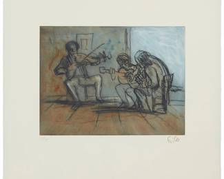3348
Georg Eisler
1928-1998
"Pub Music 1," 1997
Etching in colors on wove paper
Edition: 63/75
Signed and numbered in pencil in the lower margin: Eisler; titled and dated on a label affixed to the stretcher
Plate: 9.75" H x 13" W; Sheet: 18.75" H x 19.5" W
Estimate: $200 - $400