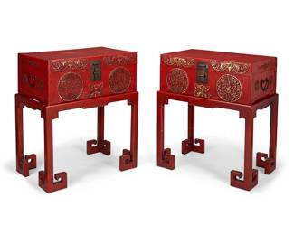 3131
Early/mid-20th century
A Pair Of Chinese Pig Chests On Stands
Each red lacquered pigskin chest featuring bat and shou medallion motifs, iron handles and latch hardware, and revealing an open cavity with a wood rectangular space divider and a gold tassel, set atop a painted red wood stand with four legs, 2 pieces
Each with stand: 34.5" H x 30.75" W x 20.375" D
Estimate: $500 - $700