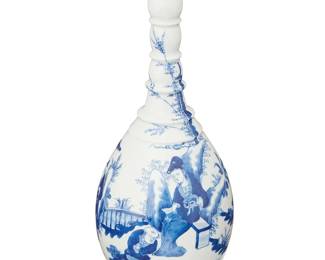 3096
20th century
A Chinese Blue Glazed Porcelain Vase
Embossed to the underside bearing an apocryphal reign mark for Qianlong Period (1736-1795)
The cerulean glazed ceramic vessel with a lobed lotus bulb body supporting a tall cylindrical neck
8.5" H x 5.25" Dia.
Estimate: $300 - $500