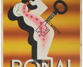3466
A.M. Cassandre
1901-1968
"Bonal," 1935
Lithograph in colors on paper
From the edition of unknown size
Unsigned; Alliance Graphique, Paris, prntr.
Sheet: 62" H x 47" W
Estimate: $500 - $700