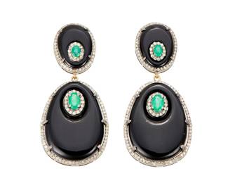 3047
A Pair Of Onyx, Emerald, And Diamond Earrings
Featuring a pair of drop earrings, each with 2 mixed-cut onyx gemstones totaling 41.95 carats and 2 oval-shaped emeralds totaling 1.21 carats further accented by 115 round brilliant-cut diamonds totaling approximately .95 carat, set in silver and 14K gold

2 pieces
18.5 grams gross
Each: 7.5" H x 0.75" W
Estimate: $800 - $1,200