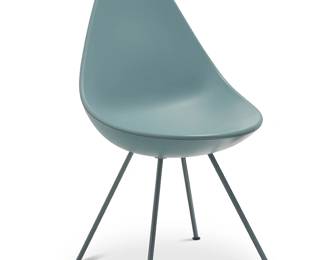 3186
Arne Jacobsen (1902-1971)
A Drop Chair for Fritz Hansen, 2014
Designed 1958
With Fritz Hansen molded marks and paper tag to underside: serial number: 21036773534
The light blue molded plastic teardrop chair raised on four powder-coated legs in matching color with rubber feet
35" H x 18" W x 21" D
Estimate: $400 - $600