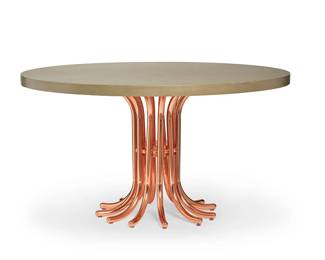 3210
21st Century
A Jonathan Adler "Ultra" Dining Table
With Jonathan Adler metal tag and sticker to underside of base
The green stained circular wood table top raised on radiating rose gold-toned metal tubing joined by conforming discs at middle and upper terminus
29.5" H x 53.625" Dia.
Estimate: $500 - $700