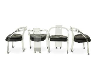 3179
Charles Hollis Jones (B. 1945)
Four Lucite dining chairs, circa 1970s
Each chair with curvilinear Lucite frame, trapezoidal seat back, and set upon four chrome castors, with black Naugahyde tufted leather upholstered seat
4 pieces
Each: 29" H x 23.5" W x 20" D
Estimate: $200 - $300