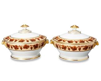 3072
Circa 1920s/30s
A Pair Of Old Paris Empire-Style Porcelain Tureens
Each glazed white porcelain with beige and brown grapevines motif and opposed handles, 2 pieces
Each: 6" H x 9" W x 7.75" D
Estimate: $200 - $400