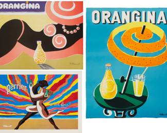 3470
Bernard Villemot (1911-1989)
Three works:

"Orangina" (sunbather)
Giclee in colors on paper
With the printed signature lower right: Villemot
Sight: 17.5" H x 23" W

"Perrier"
Giclee in colors on paper
With the printed signature lower left: Villemot
Sight: 17" H x 23.5" W

"Orangina" (blue)
Giclee in colors on paper
With the printed signature lower right: Villemot
Sight: 36" H x 27" W
Estimate: $400 - $600