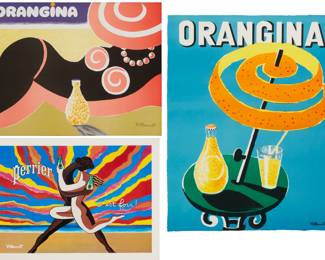 3470
Bernard Villemot (1911-1989)
Three works:

"Orangina" (sunbather)
Giclee in colors on paper
With the printed signature lower right: Villemot
Sight: 17.5" H x 23" W

"Perrier"
Giclee in colors on paper
With the printed signature lower left: Villemot
Sight: 17" H x 23.5" W

"Orangina" (blue)
Giclee in colors on paper
With the printed signature lower right: Villemot
Sight: 36" H x 27" W
Estimate: $400 - $600