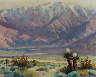 3280
Paul Conner
1881-1968
"Mount San Jacinto"
Oil on canvas
Signed lower right: Paul Conner; signed again and titled in pencil on the artist's label and titled again on a gallery label, both affixed verso
16" H x 20" W
Estimate: $800 - $1,200