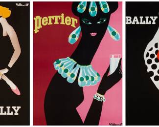 3472
Bernard Villemot (1911-1989)
Three works:

"Bally" (red and black)
Giclee in colors on paper
With the printed signature upper right: Villemot
Sight: 23" H x 15.25" W

"Perrier"
Giclee in colors on paper
With the printed signature lower right: Villemot
Sight: 23" H x 16.5" W

"Bally" (pink shoes)
Giclee in colors on paper
With the printed signature upper right: Villemot
Sight: 23.75" H x 15.25" W
Estimate: $400 - $600