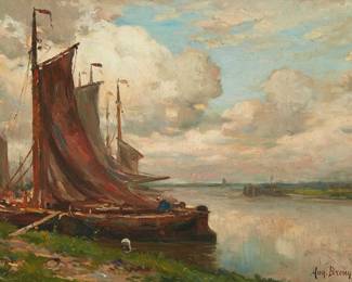 3296
Auguste Breugelmans
19th/20th century
Belgian Shore Scene
Oil on canvas
Signed lower right: Aug. Breugelmans
14" H x 20" W
Estimate: $200 - $300