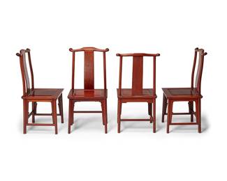 3135
20th century
Four Chinese "Guanmaoyi" Dining Chairs
The yolk-back chairs featuring a carved top rail with scrolled ends, s-shaped back splat, and a square seat, set on four legs with three stretchers reinforced with carved wood accents, 4 pieces
Each: 39" H x 19.5" W x 19" D
Estimate: $300 - $500