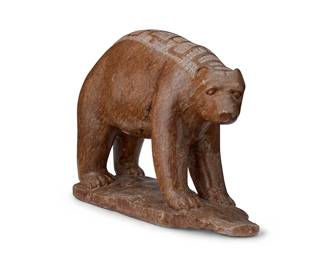 3158
Elwood G. Jacobs III (B. 1955, Tuscarora Iroquois)
A carved bear sculpture, 1994
Incised to base: EG Jacobs III / Tuscarora / © 8-94 / Maryland Soapstone
The carved soapstone bear with a wampum belt design along figure's spine
7.325" H x 10.5" W x 3.5" D
Estimate: $200 - $400
