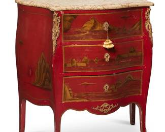 3123
20th century
A Louis XV-Style Lacquered Wood Small Commode
Unmarked
The red lacquered commode with gilt-bronze mounts, sabots, and hardware and three locking drawers featuring painted Asian motif scenes to drawer fronts and sides, surmounted by a marble top
32.5" H x 31.5" W x 17.5" D
Estimate: $500 - $700