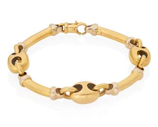 3027
A Gold Bracelet
Designed as a series of gold knots and links, in 18K gold

35.57 grams gross
8" L
Estimate: $1,200 - $1,500