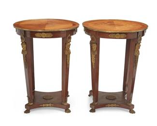 3119
Early 20th century
A Pair Of Empire-Style Guéridons
The circular wood tables featuring gilt-bronze mounts of high-relief masks, laurels, and paw feet, 2 pieces
Each: 31.75" H x 24.25" Dia.
Estimate: $300 - $500