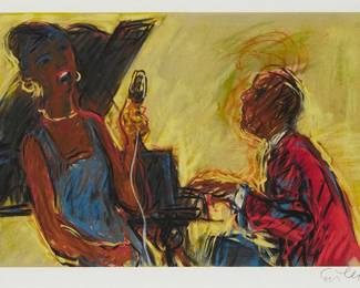 3384
Georg Eisler
1928-1998
"Jazz," 1977
Lithograph in colors on wove paper
Edition: 35/75
Signed and numbered in pencil in the lower margin: Eisler; titled and dated on a label affixed to the stretcher
Image: 12.625" H x 19.375" W; Sheet: 14" H x 21" W
Estimate: $200 - $400
