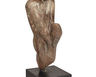 3175
Hyam Myer
1904-1978
Abstract Figure
Carved marble on wood base
Etched to lower side: Hyam
Figure: 25.5" H x 11" W x 10.5" D; Base: 4" H x 10" W x 11" D
Estimate: $300 - $500