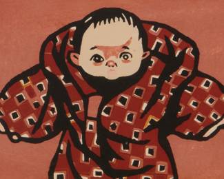 3454
Kiyoshi Saito
1907-1997
"Small Boy"
Woodcut in colors on paper
Signed in pencil lower margin, at left: Kiyoshi Saito; with the artist's red ink stamp lower right, verso
Image: 6" H x 8.5" W; Sheet: 9.5" H x 12.25" W
Estimate: $300 - $500