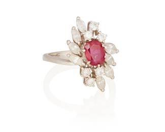 3042
A Diamond And Ruby Ring
Centering an oval shaped ruby measuring approximately 6.3mm x 5.4mm x 2.5mm and weighing approximately .67 carat surrounded by 8 marquise-cut diamonds weighing approximately .40 carat and 6 round brilliant-cut diamonds weighing approximately .24 carat, set in 18K white gold

5.64 grams gross
Ring size: 7
Estimate: $500 - $700