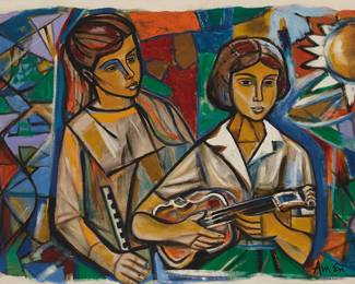 3352
Irving Amen
1918-2011
Musicians With Violin And Accordion
Oil on canvas
Signed lower right: Amen
23.5" H x 35.5" W
Estimate: $400 - $600