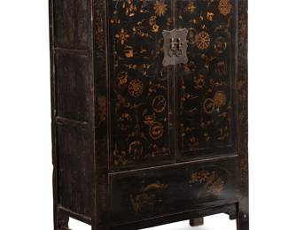 3129
20th century
A Chinese Lacquered Wood Cabinet
The two-door black lacquered wood cabinet with scattered sprays of gilt flowers, animals, and geometric designs with metal sliding lock and handles
70" H x 47" W x 21.25" D
Estimate: $300 - $500