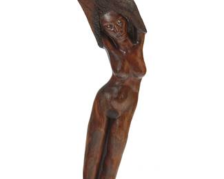 3174
Sigmund De Tonancour
b. 20th century
Standing Woman, 1980
Driftwood on marble base
Signed and dated: Sig De Tonancour * / '80; with plaque to base: Sig De Tonancour
45.5" H x 14" W x 9.5" D
Estimate: $400 - $600