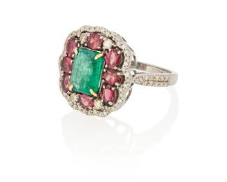 3054
An Emerald, Tourmaline, And Diamond Ring
Centering an emerald-cut emerald weighing 1.95 carats, accented by 8 oval-shaped tourmalines weighing 1.26 carats, further surrounded by round brilliant-cut diamonds weighing .55 carat, set in silver and 14K gold

5.4 grams gross
Ring Size: 6.25
Estimate: $600 - $800