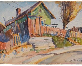 3284
Emil Kosa Jr.
1903-1968
"The Green House, Bunker Hill"
Watercolor on paper
Signed lower right: Emil Kosa Jr.; titled on gallery label affixed to the frame's backing paper
9" H x 12" W
Estimate: $800 - $1,200