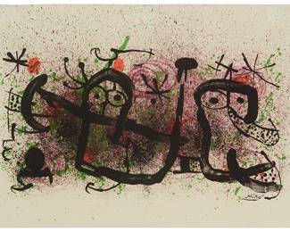 3375
Joan Miro
1893-1983
"Poemes A La Main," 1970
Lithograph in colors on Arches paper
From the regular edition (75 proofs numbered in Arabic numerals with 5 proofs hors-commerce and 25 proofs numbered in Roman numerals also exist)
Signed on the stone, lower right; Published by Poligrafa Editeur, Barcelona; Printed by Arte Adrien Maeght, Paris
14.75" H x 21.625" W; framed: 23" H x 29.75" W
Estimate: $300 - $500