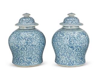 
3094
20th century
A Pair Of Chinese Blue And White Porcelain Temple Jars
Each unmarked
Each lidded jar with all-over ornate vine and lotus scroll motifs and meandering motif banding to the shoulder and lid, rendered in blue underglaze on a white ground, 2 pieces
Each: 12.5" H x 10" Dia.
Estimate: $200 - $400