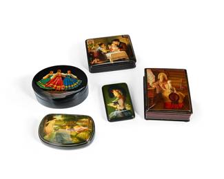 3230
Late 20th/early 21st century
A Group Of Figurative Russian Lacquered Boxes
Each variously marked for artist, date, and title
Comprising three rectangular boxes and two oval boxes, each all-over lacquered and depicting hand-painted figural scenes, 5 pieces
Largest: 1.5" H x 4.25" W x 5.25" D; smallest: 0.5" H x 2.5" W x 4.25" D
Estimate: $300 - $500