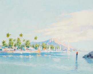 3274
Alec Baird
1910-1990
"Christmas Day" 1985
Oil on canvas
Signed lower right: Alec Baird; titled, dated, and inscribed verso: Ala Wai, Honolulu
20" H x 24" W
Estimate: $400 - $600