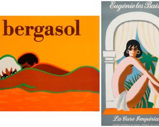 3471
Bernard Villemot (1911-1989)
Two works:

"Eugenie les Bains"
Giclee in colors on paper
With the printed signature and date: Villemot
Sight: 39" H x 23.75" W

"Bergasol"
Giclee in colors on paper
With the printed signature: Villemot
Sight: 27.25" H x 33.25" W
Estimate: $400 - $600