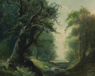 3236
Ransome Gillet Holdredge
1836-1899
"Along The Creek," 1891
Oil on canvas laid to synthetic fabric
Signed and dated lower left: R.G. Holdredge
36" H x 22" W
Estimate: $1,000 - $2,000