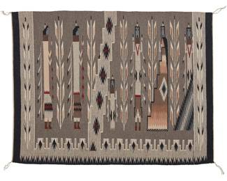3151
A Navajo Yei Pictorial Textile
Late 20th century, Diné
Woven in black, grey, cream, brown, tan and red wool in a fine tapestry weave, depicting six various Yei figures with stylized elaborate borders to three sides and a central stepped diagonal
32.75" H x 43" W
Estimate: $300 - $500