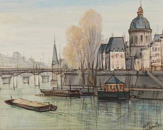 3295
Paul Lambert
1910- c.1970
"La Passerelle De La Monnaie"
Oil on canvas
Signed lower right: P Lambert; signed again and titled in pencil on the stretcher
7.5" H x 9.5" W
Estimate: $200 - $400