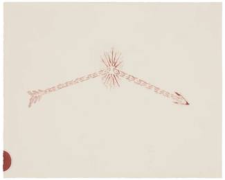 3321
Devendra Banhart
b. 1981
Untitled, Broken Arrow
Ink on wove paper, watermark Somerset
Signed, inscribed, and with additional designs, all in ink on the verso: Para Bonnie, Joel, Aran, Bill, Ethan, Matt, Gio & Elliot / love above all, / Devendra
Sheet: 16" H x 19.5" W
Estimate: $400 - $600