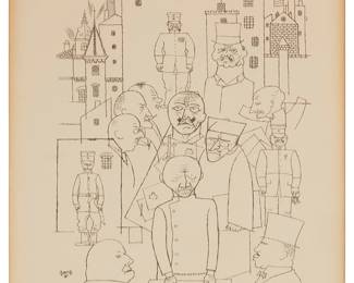 3381
George Grosz
1893-1959
"He Made Fun Of Hindenburg," Plate 11 From "Deutsche Graphiker Der Gegenwart," 1920
Lithograph on wove paper
From the edition of 600
Signed and dated in the stone near the lower portion of the left edge: Grosz; Klinkhardt & Biermann, Leipzig, Germany, pub.
Image: 9.25" H x 6.875" W (irreg.); Sight: 12.5" H x 9" W
Estimate: $300 - $500