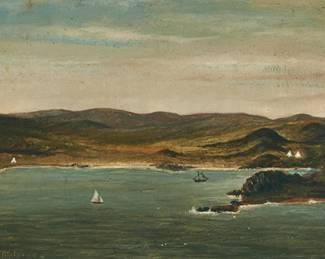 3263
20th Century American School
"S.Harbor"
Oil on canvas
Possibly initialed lower left: W.H.J; inscribed very faintly lower left; titled in ink, verso: S. Harbor
6" H x 12" W
Estimate: $500 - $700
