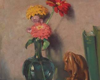 3299
Clyde Forsythe
1885-1962
"Zinnias"
Oil on Masonite
Signed faintly upper left: Clyde Forsythe; titled on a gallery label affixed to the frame's backing board
16" H x 12" W
Estimate: $600 - $800