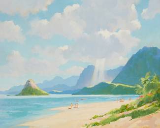 3273
Alec Baird
1910-1990
"Windward Oahu At Chinaman's Hat," 1982
Oil on canvas
Signed lower right: Alec Baird; titled and dated verso
20" H x 24" W
Estimate: $400 - $600
