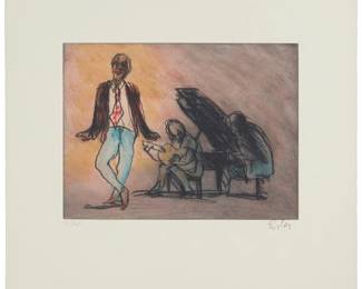 3319
Georg Eisler
1928-1998
"Jimmy Slyde," 1997
Etching in colors on wove paper
Edition: 75/75
Signed and numbered in pencil in the lower margin: Eisler; titled and dated on a label affixed to the stretcher
Plate: 9.75" H x 13" W; Sheet: 19" H x 19.5" W
Estimate: $200 - $400