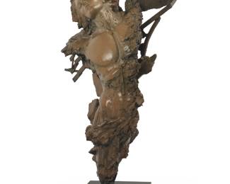 3483
Ira Bruce Reines
b. 1957
"Icarus"
Cold-painted bronze on stone base
Edition: 17/95
Signed and numbered near bottom: Ira Reines
Figure: 48.75" H x 26" W x 21.5" D; Base: 4.625" H x 19.5" W x 19.5" D
Estimate: $1,000 - $2,000