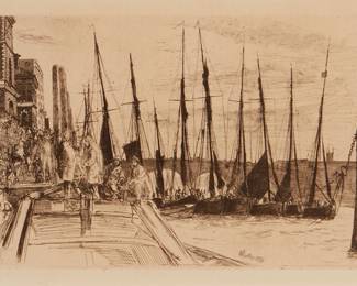 3312
James McNeill Whistler
1834-1903
"Billingsgate," 1859
Etching and drypoint on cream-colored laid paper
Edition: Ninth (final) state; Glasgow lists a total of 125 known impressions in all states
Signed and dated in the plate: Whistler
Plate: 6" H x 8.875" W; Sight: 6.875" H x 9.75" W
Estimate: $400 - $600