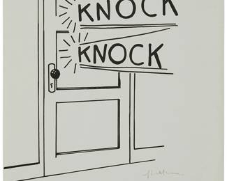 3372
After Roy Lichtenstein
1923-1997
"Knock Knock," 1975
Offset lithograph on smooth, thin, wove paper
From the edition of unknown size
Signed in pencil at the lower right, possibly in another hand: Roy Lichtenstein
Image/Sheet: 27.875" H x 19.75" W
Estimate: $600 - $800