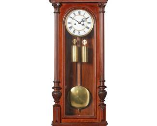 3218
Late 19th/early 20th century; Germany
A Vienna Regulator Wall Clock
Movement appears marked, however not inspected
The double movement wall clock with black Roman numerals on white enameled dial, housed in a Renaissance Revival carved wood case with a hinged glazed door featuring opposed columns, surmounted by a later added/replaced architectural pediment
45.5" H x 17.25" W x 7.25" D
Estimate: $400 - $600