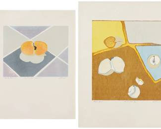 3402
Lorinda Roland (1938-2022)
Two works:

"Divine Peach 1"
Screenprint in colors on paper
Edition: Print test - proof 5
Signed, titled, and numbered in pencil in the lower margin: Roland
Image: 10.25" H x 13" W; Sheet: 21.75" H x 17.5" W

"Peach Game"
Screenprint in colors on paper
Edition: Print Test 7/20
Signed, titled, and numbered in pencil in the lower margin: Roland
Image: 16.5" H x 14.5" W; Sheet: 26" H x 20" W
Estimate: $400 - $600